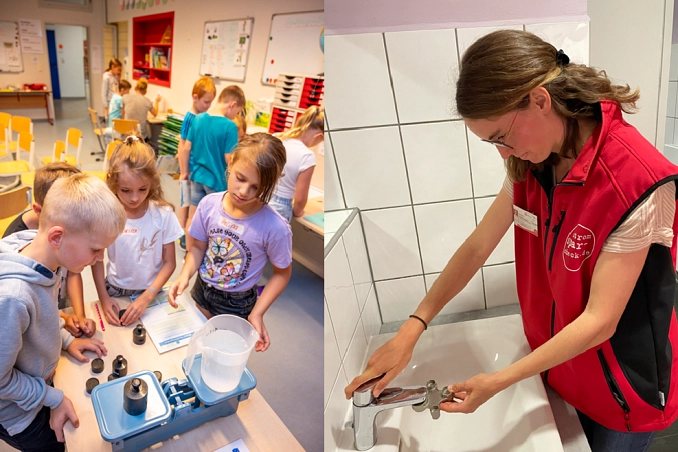 Collage Wassersparen - Wasserwerkstatt & SSC Auf der linken Seite der Collage probieren Grundschulkinder eine Station der Wasserwerkstatt aus, auf der rechten Seite montiert Katharina Robbers von der kleVer einen Sparaufsatz für den Wasserhahn