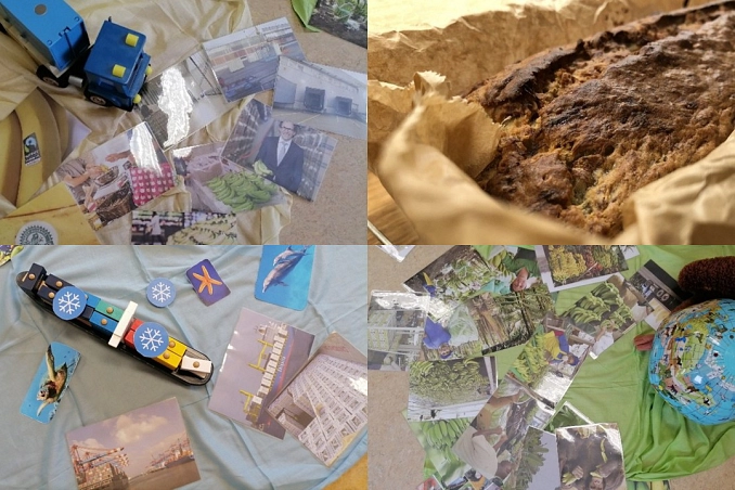 Collage mit Bildungsmaterialien und einem klimafreundlich gebackenen Brot aus dem Projekt "kleVer kids"