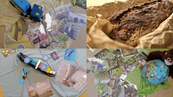 Collage mit Bildungsmaterialien und einem klimafreundlich gebackenen Brot aus dem Projekt "kleVer kids"