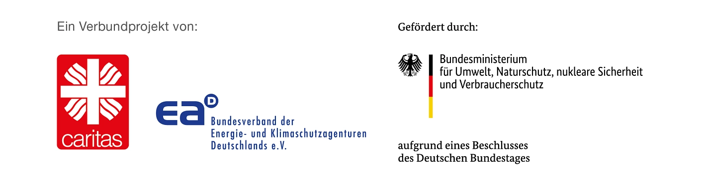 SSC Logos Caritas + ea Logos der Unterstützer des SSC (Caritas, Bundesverband der Energie- und Klimaschutzagenturen e.V.), außerdem Förderhinweis des Bundesministerium für Umweltschutz, Naturschutz, nukleare Sicherheit und Verbraucherschutz